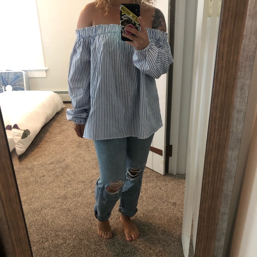 Off the shoulder blue and white striped shirt